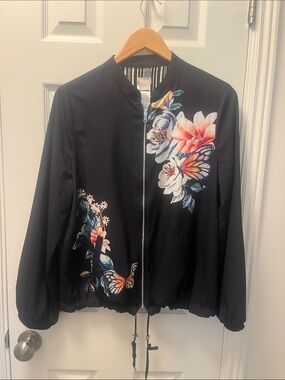 Chico's Black Bomber Jacket with Pink & Blue Floral and Butterfly Print